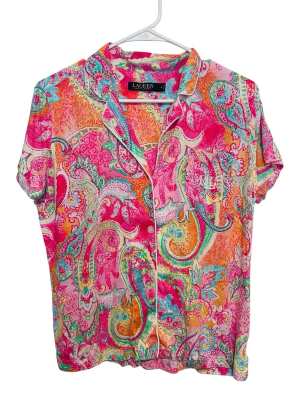 Lauren Ralph Lauren Pajama Top Women’s Medium Pink Floral Paisley LRL Logo Shirt